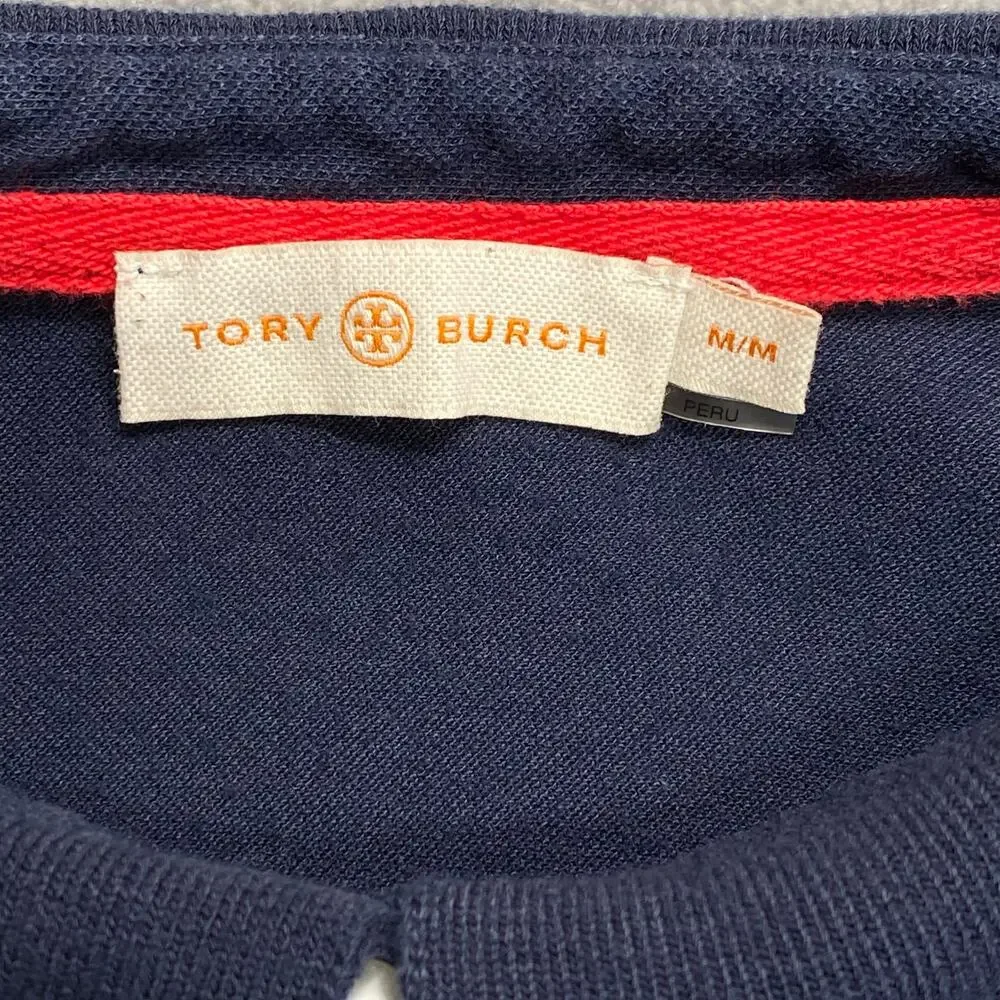Tory Burch Pearl Button Polo Womens M Lettuce Hem Collar and Sleeves Navy Preppy